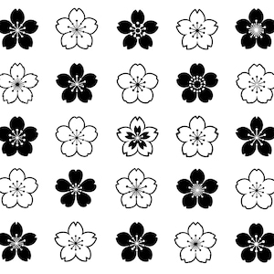 May include: A collection of twenty-five black and white cherry blossom illustrations. The flowers are in various arrangements, with some outlined and others filled in. The petals are detailed, and the centers have intricate designs.