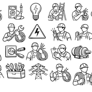 Paquete de iconos SVG de electricista: 24 archivos únicos de contorno negro, arte lineal en negrita y fondo blanco, para Cricut y Silhouette.