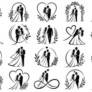 Puede incluir: Colección de ilustraciones de boda en blanco y negro. Las imágenes representan parejas en varias poses, incluyendo de pie, abrazándose y besándose. Algunos diseños presentan elementos florales, corazones y arcos, adecuados para invitaciones o decoraciones de boda.