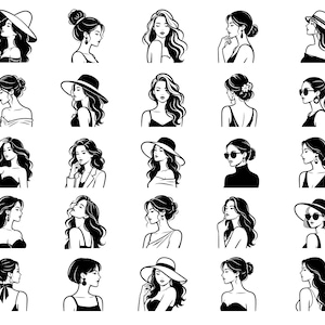 Könnte beinhalten: Eine Sammlung von Schwarz-Weiß-Illustrationen von Frauen in verschiedenen Posen. Einige tragen Hüte, Sonnenbrillen oder haben ihre Haare zu einem Dutt oder offen. Die Bilder sind einfache Strichzeichnungen, passend für Mode- oder Schönheitsthemen.