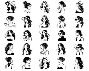 Paquete SVG de Mujer Elegante: 25 iconos de retratos femeninos distintos, ilustración de línea negra pura, diseño de contorno minimalista, fondo blanco.