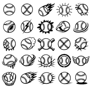 May include: A collection of black and white baseball-themed illustrations. The images include baseballs with various designs, such as flames, lightning bolts, and wings, along with a baseball glove.