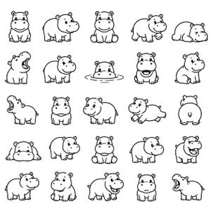 May include: A collection of twenty-five black and white line art illustrations featuring cartoon hippos in various poses, including sitting, standing, walking, yawning, and swimming, arranged in a grid pattern on a plain white background.