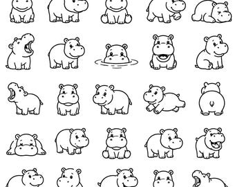 Baby Hippo SVG Icon Collection – 25 Original Black Outline Animal Designs, Bold Line Artwork, White Background, Cricut Silhouette