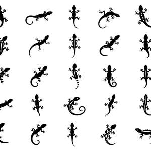 May include: A collection of twenty-five distinct black lizard silhouettes arranged in a five-by-five grid. Each lizard is depicted in a unique pose, showing various body shapes, tail curvatures, and patterns, including spots and stripes.