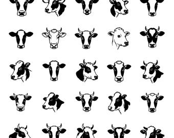 Paquete de iconos SVG de cabezas de vaca: 25 diseños únicos de caras de ganado con contorno negro, arte lineal de animales de granja en negrita, fondo blanco, Cricut Silhouette