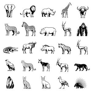 May include: A collection of twenty-five black and white vector illustrations of African wildlife, including an elephant, lion, rhino, giraffe, buffalo, leopard, zebra, hippo, antelope, gorilla, crocodile, wildebeest, warthog, hyena, gazelle, vulture, and porcupine.