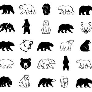 Puede incluir: Una colección de veinticinco iconos de osos en blanco y negro dispuestos en una cuadrícula. El conjunto presenta varias siluetas de osos, incluyendo poses caminando, de pie y sentados, además de retratos detallados y diseños geométricos.