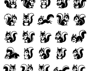 Baby Squirrel SVG Icons Bundle – 25 Unique Black Outline Animal Clipart, Bold Line Art, White Background, Cricut Silhouette, Png, Eps, Dxf