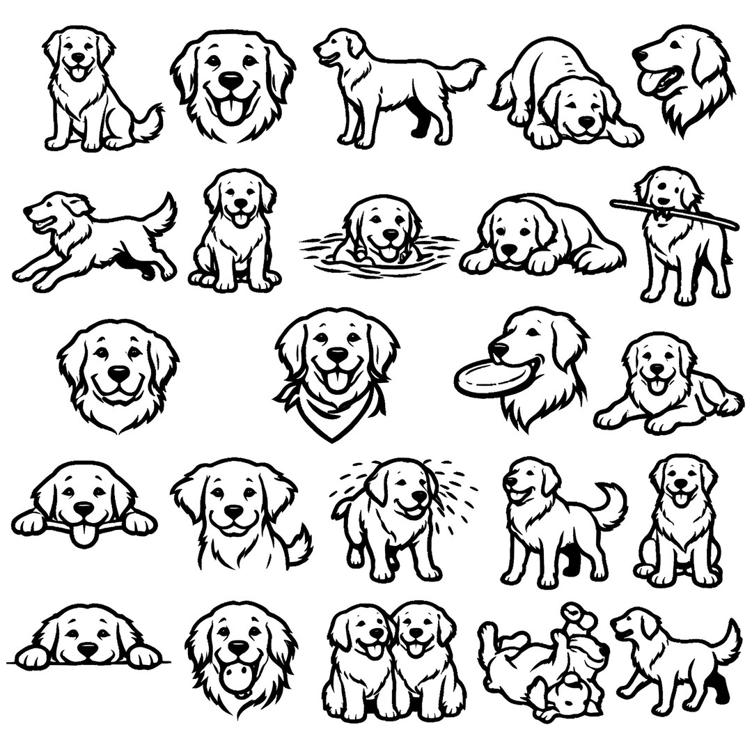 Golden Retriever SVG Icons Bundle – 24 Unique Black Outline Dog Icons ...