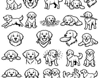 Paquete de iconos SVG de Golden Retriever: 24 iconos únicos de perros con contorno negro, arte lineal en negrita, fondo blanco y archivos de corte para Cricut y Silhouette.