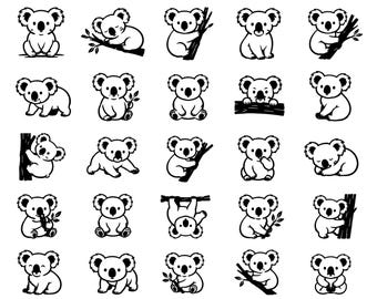 Koala SVG Icons Bundle – 25 Unique Black Outline Animal Icons, Bold Line Art, White Background, Cricut Silhouette Cut Files, Eps, Png, Dxf