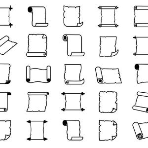 May include: A collection of twenty-five black and white line art icons depicting various styles of paper scrolls. The set includes scrolls with different edge textures, some with rods at the ends, and others shown in rolled or partially unrolled positions.