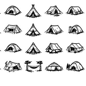 May include: A series of black and white line drawings depicting different tent styles. The illustrations showcase a range of designs, from classic A-frames to modern dome tents, ideal for camping and outdoor activities.
