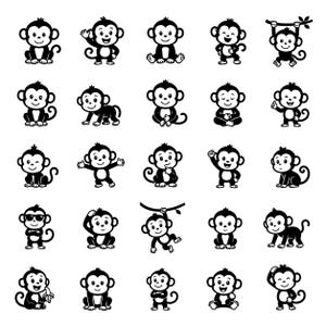 Cute Monkey SVG Icons Bundle – 25 Unique Black Outline Primate Designs, Bold Line Art, White Background, Cricut and Silhouette Cut Files