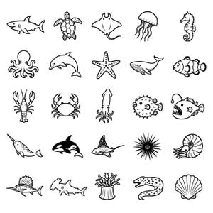 Peut inclure: Une collection de vingt-cinq icônes en noir et blanc représentant diverses formes de vie marine, notamment un requin, une tortue de mer, une raie, une méduse, un hippocampe, une pieuvre, un dauphin, une étoile de mer, une baleine et un poisson-clown.