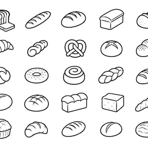 Op de afbeelding: Zwart-wit lijntekening van diverse bakkerijproducten. De afbeelding bevat een brood in plakken, een baguette, een croissant, een pretzel, een donut, een kaneelbroodje en andere soorten brood en gebak.