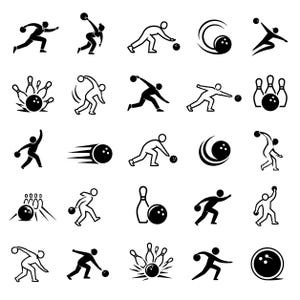 Könnte beinhalten: Eine Sammlung von schwarz-weißen Bowling-Symbolen. Die Illustrationen zeigen Bowlingspieler in Aktion, Bowlingkugeln und Kegel. Die Icons eignen sich für sportbezogene Designs, Logos oder Website-Elemente.