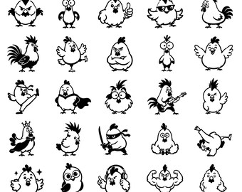 Crazy Chicken SVG Bundle – 25 Distinct Black Outline Farm Bird Designs, Bold Line Art, White Background, Cricut & Silhouette Cut Files