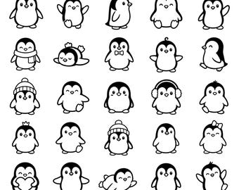 Kawaii Penguin Outline SVG Bundle – 25 Unique Cute Black Line Icons, White Background, Bold Art, PNG, Cricut, Silhouette Cut Files