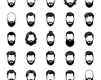 Men Beard SVG Icons Bundle – 25 Unique Black Outline Facial Hair Designs, Bold Line Art, White Background, Cricut and Silhouette Cut Files