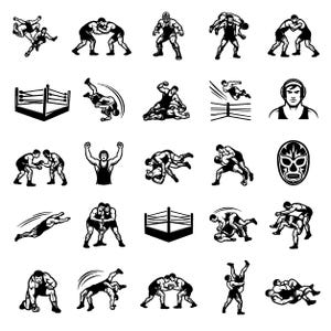 Wrestling SVG Icons Bundle – 25 Unique Black Outline Grappling Figures, Bold Line Art, White Background, Cricut Silhouette Cut Files