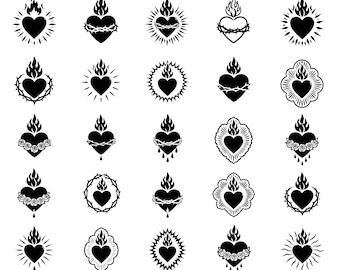 Sacred Heart SVG Bundle – 25 Distinct Black Outline Love Icons, Bold Line Art, White Background, Cricut Silhouette Cut Files