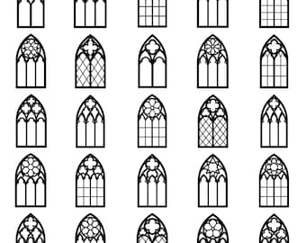 Gothic Fenster SVG Bundle - 25 verschiedene schwarze Umrisse Bogen Icons, Bold Line Art, sauberer weißer Hintergrund, Cricut Silhouette Schnitt Dateien