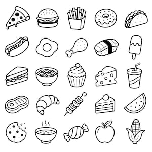 May include: A collection of twenty-five black and white line art icons depicting various food items including a pizza slice, burger, chips, doughnut, taco, hot dog, fried egg, chicken leg, sushi, ice lolly, sandwich, noodles, cupcake, cheese, and drink.