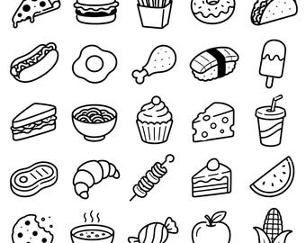 Food Doodle Clipart Bundle – 25 Distinct Culinary Sketch Designs, Pure Black Outline Artwork, White Background, Cricut Silhouette
