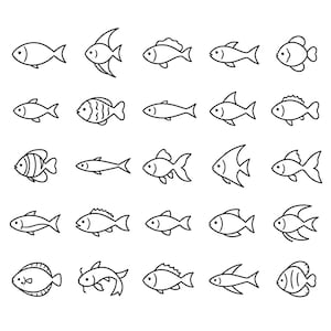 May include: A collection of twenty-five distinct black and white line art icons depicting various species of fish. Each icon features a simple, clean outline of a fish with basic anatomical details like fins, tails, and eyes, arranged in a grid.