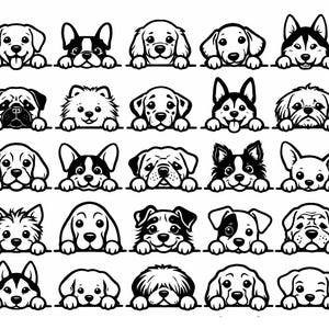 May include: A collection of black and white line art illustrations of various dog breeds. Each dog is depicted from the chest up, peeking over a horizontal line, with distinct facial features and expressions.