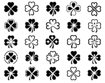 Paquete de SVG de monogramas de trébol: 25 iconos únicos de contorno de trébol, arte botánico lineal llamativo, fondo blanco, hoja de la suerte, Cricut Silhouette