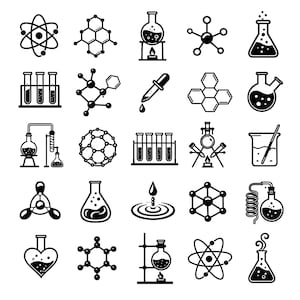 Pakiet ikon SVG z chemii – 25 unikalnych symboli laboratoryjnych, pogrubiona czarna grafika liniowa, białe tło, sylwetka Cricut