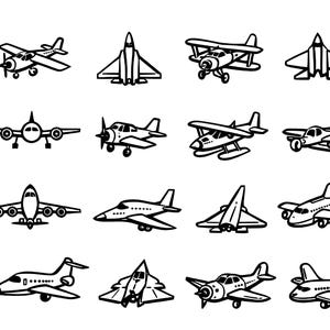 Può includere: Una collezione di illustrazioni in bianco e nero di vari aeroplani. L'immagine include diversi tipi di aeromobili, come aerei ad elica, jet ed elicotteri, in uno stile grafico semplice.