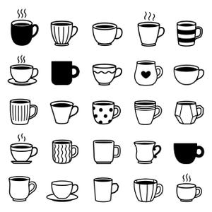 Pode incluir: Uma coleção de vinte e cinco ícones em preto e branco representando várias canecas de café e xícaras de chá. O conjunto inclui formas diversas, algumas com vapor, outras com padrões como listras, bolinhas ou um coração, em uma grade.