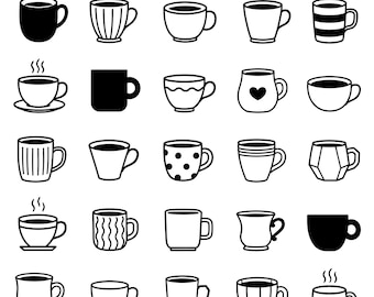 Paquete de iconos SVG de tazas de café: 25 ilustraciones únicas de tazas con contorno negro, arte lineal en negrita, fondo blanco, Cricut Silhouette, DXF, EPS, PNG.