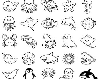 Paquete de iconos SVG de animales marinos adorables: 25 diseños de criaturas oceánicas, arte de contorno negro puro, ilustraciones de líneas de alto contraste, Cricut Silhouette