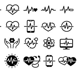 Puede incluir: Colección de iconos de latidos cardíacos en blanco y negro. Los iconos incluyen formas de corazón, teléfonos móviles, monitores de computadora y símbolos médicos, todos con un diseño de forma de onda. Temática médica o de salud.