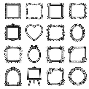 May include: A collection of twenty-five black and white doodle-style frames in various shapes and designs. Includes square, oval, heart, and arched frames, some with floral or decorative embellishments. Perfect for digital art or scrapbooking.