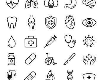 Paquete de imágenes prediseñadas de iconos médicos: 25 símbolos únicos de atención médica, arte lineal negro en negrita, fondo blanco, SVG PNG EPS, Cricut Silhouette