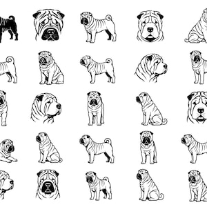 Könnte beinhalten: Eine Sammlung von fünfundzwanzig schwarz-weißen Illustrationen, die Shar-Pei-Hunde in verschiedenen Posen zeigen, darunter stehend, sitzend und als Porträt. Jede Grafik betont die für die Rasse typischen Hautfalten und faltigen Merkmale.