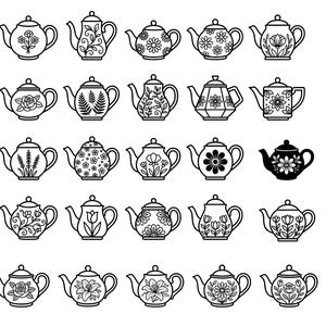 May include: A collection of twenty-five teapot illustrations arranged in a grid. Each teapot features a unique floral or botanical pattern in black line art, except for one solid black teapot with a white floral design in the center row.