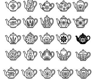 Floral Teapot SVG Icons Bundle – 25 Unique Botanical Kettle Illustrations, Elegant Bloom Line Art, White Background, Cricut Silhouette