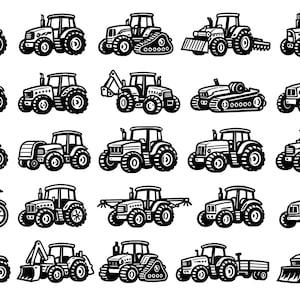 May include: A collection of twenty-one black and white illustrations of tractors. Each tractor design varies, showcasing different styles and attachments, such as front loaders, plows, and sprayers. The tractors are depicted in a simple, graphic style.