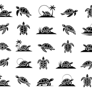 Könnte beinhalten: Eine Sammlung von fünfundzwanzig schwarzen Silhouetten-Symbolen, die Meeresschildkröten in verschiedenen Posen zeigen. Einige Schildkröten schwimmen, andere laufen an Land, und einige sind in der Nähe von Palmen oder kreisförmigen Sonnen dargestellt.