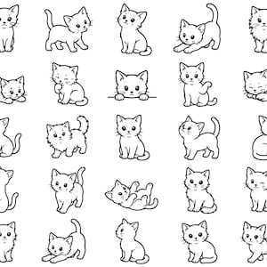 Pode incluir: Uma coleção de ilustrações de gatos de desenho animado em preto e branco em várias poses. Os gatos são retratados sentados, em pé, brincando e dormindo. A imagem é um padrão repetitivo de gatinhos fofos e estilizados.