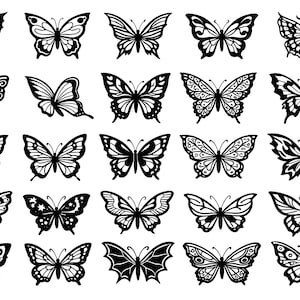 May include: A collection of black butterfly illustrations with various wing patterns. The butterflies are depicted in a detailed, graphic style, showcasing intricate designs and shapes. The image is on a white background.