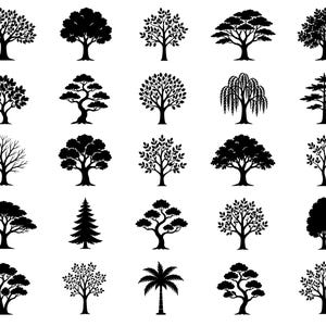 May include: A collection of twenty-five distinct black tree silhouettes arranged in a five-by-five grid. The set includes various species such as deciduous trees with full foliage, a weeping willow, a palm tree, and several coniferous evergreen trees.