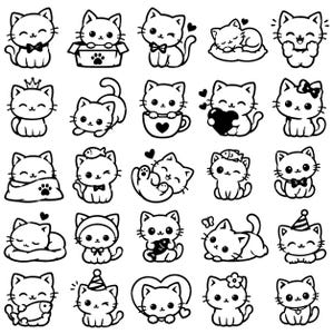 Pode incluir: Uma coleção de vinte e cinco ilustrações de arte linear em preto e branco com vários gatos de desenho animado em diferentes poses, incluindo gatos com laços, chapéus de festa, peixes, corações e dormindo em almofadas, em uma grade 5x5.